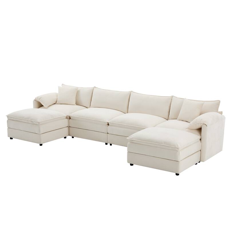 136" Chenille U Shaped 6 - Seat Modular Sectional Sofa with Double Cushions and Movable Ottomans, Cream