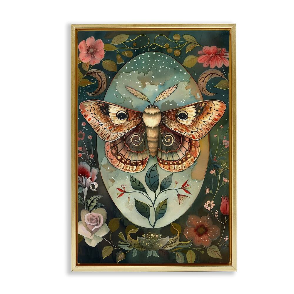 Stupell Moth with Blooming Florals Framed Floater Canvas Wall Art Design By The Dutch Lady