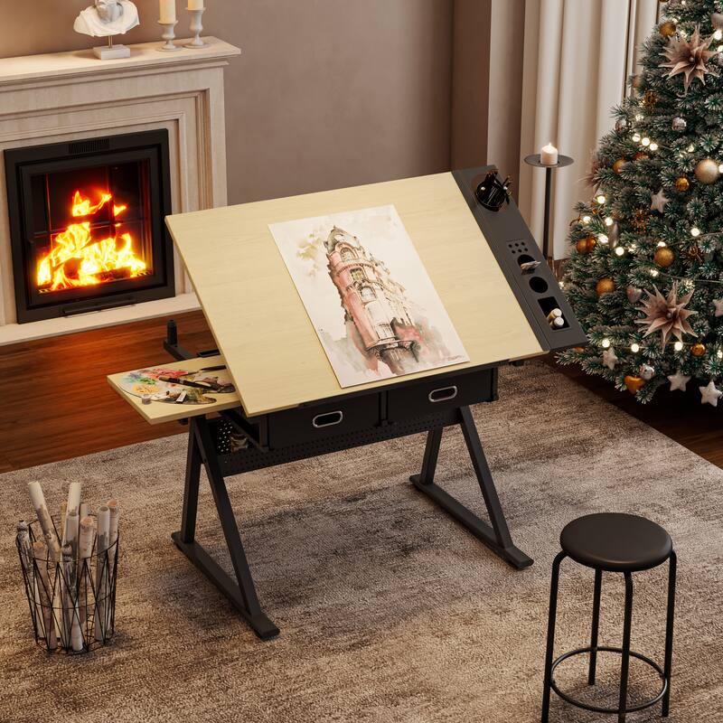 Adjustable drawing drafting table desk with 2 drawers for home office and school with stool
