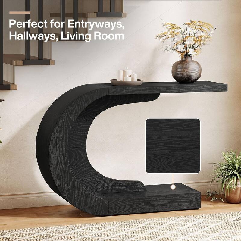 43.3 Inches Brown Wood C-Shaped Console Table, Mid-Century Modern Entryway Table for Living Room