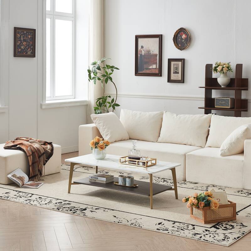 Coffee Table Rectangular Center Table, Side Table with Metal Frame and Shelf