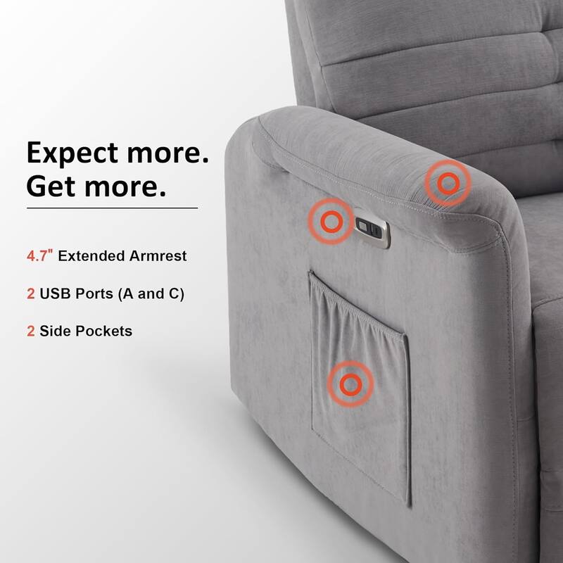 MCombo Modern Fabric Power Recliner, Electric Swivel Glider Rocker Recliner Chair for Nursery with USB Ports, Side Pockets 7763