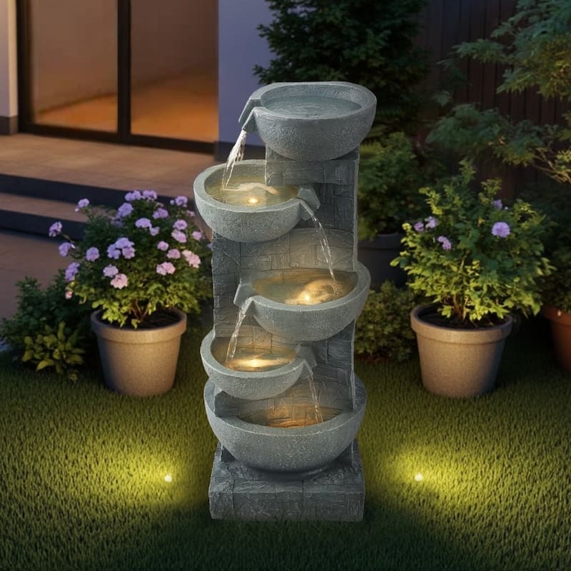 Modern Rock Grey 5-Tier Outdoor Water Fountain with LED Lights for Patio or Garden Decor - 12.99 x 12.20 x 31.50 in