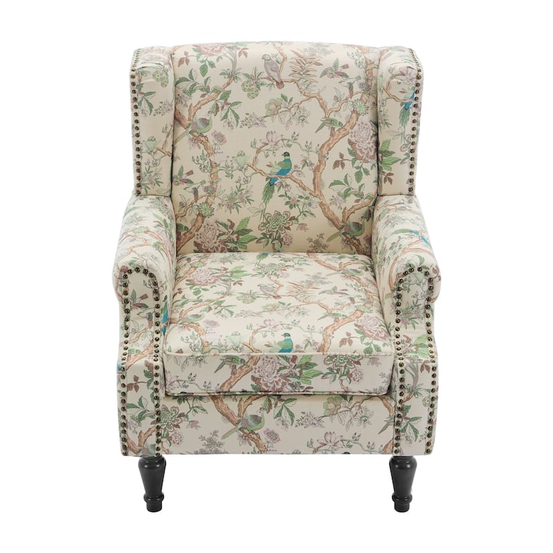 Traditional Floral Patterned Wingback Armchair with Nailhead Trim
