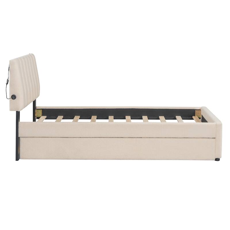 Beige Twin Teddy Fleece Platform Bed with Trundle, USB Ports, and LED Light