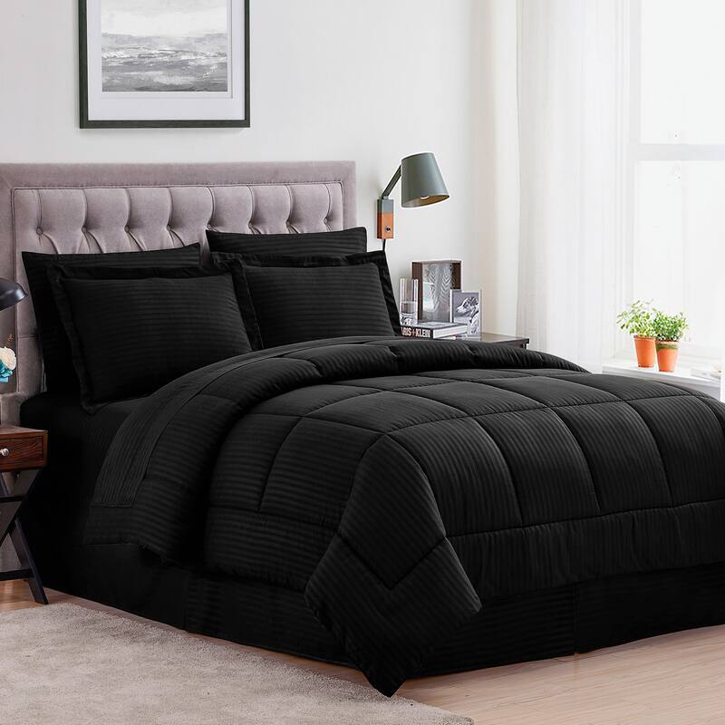 Soft Dobby 8-piece Striped Down Alternative Bed-in-a-Bag Set w/ Sheets - Black - Queen