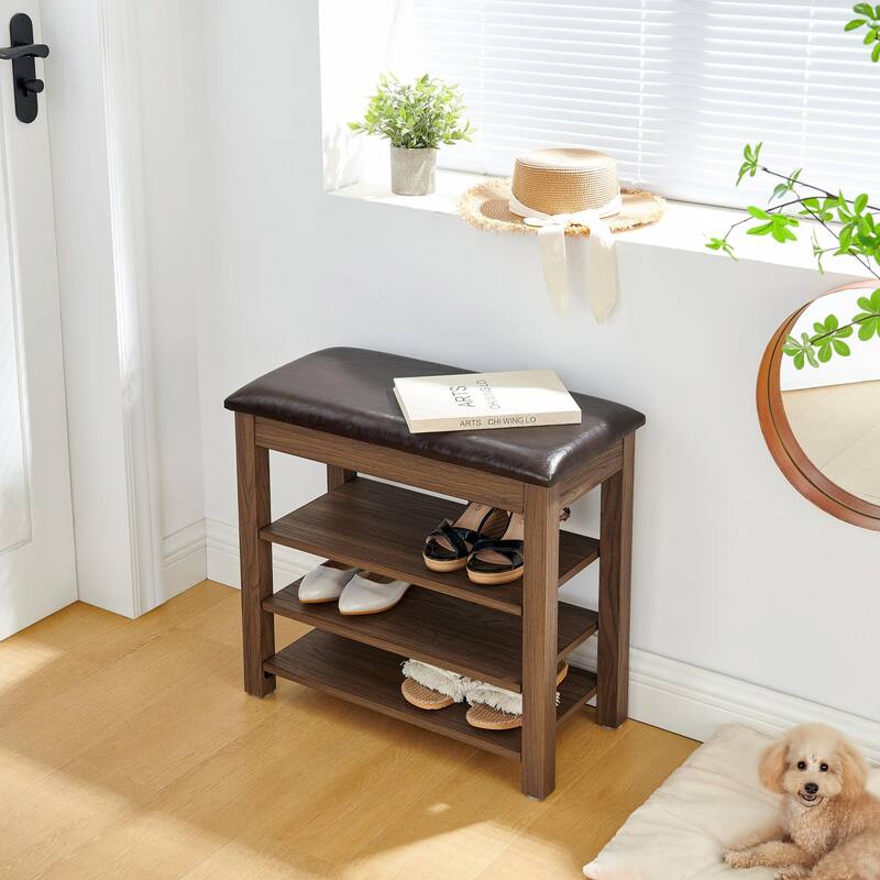 Height-Adjustable Shoe-Changing Bench Made of High-Quality Wood with Comfortable Seat and Concealed Storag - Brown