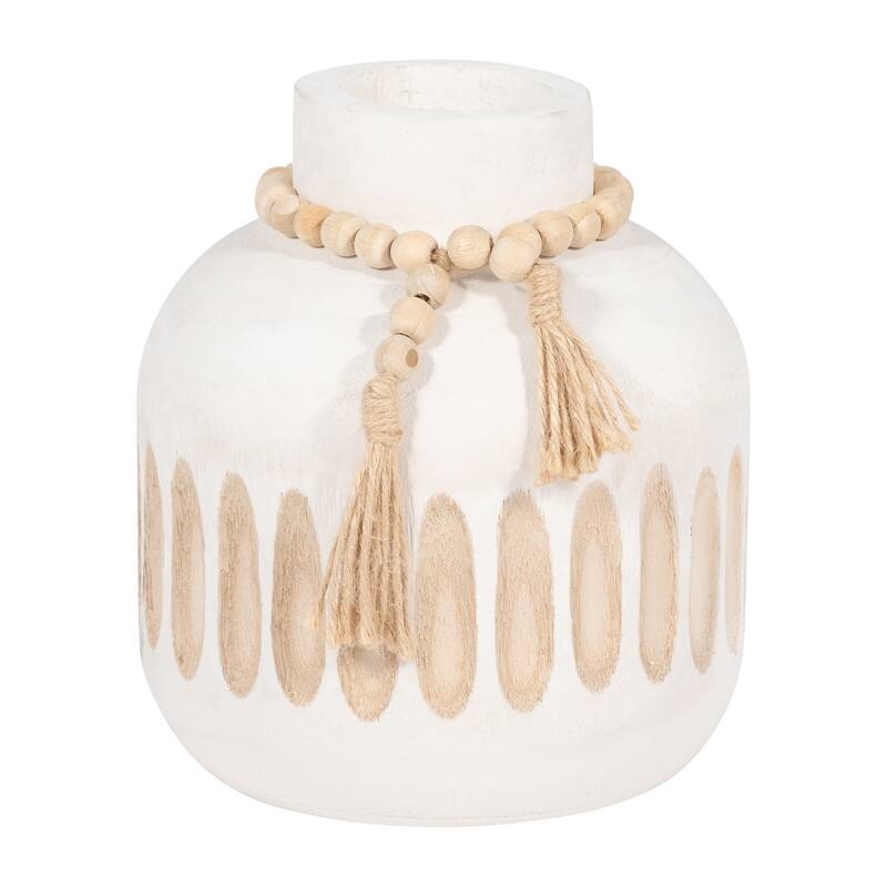 Sagebrook Home Wood, 8" Round Ridged Vase With Tassels, Round, 8"H, Ridged - Ridged White