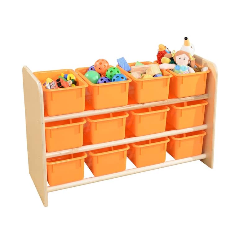 Wood Designs Sturdy 3 shelf Storage Rack with 12 Orange Pastel Color Trays, Birch Wood Storage Organizer Unit - 21"