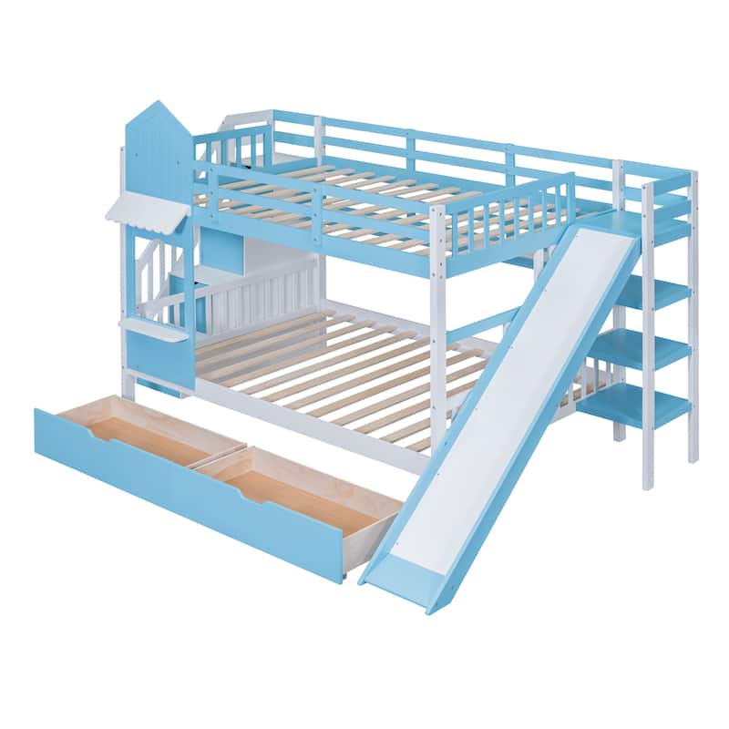 Full-Over-Full Blue Bunk Bed with Slide, Storage Drawers and 3-Tier Shelves, Wood Kids Playhouse Bunkbed Frame for Bedroom