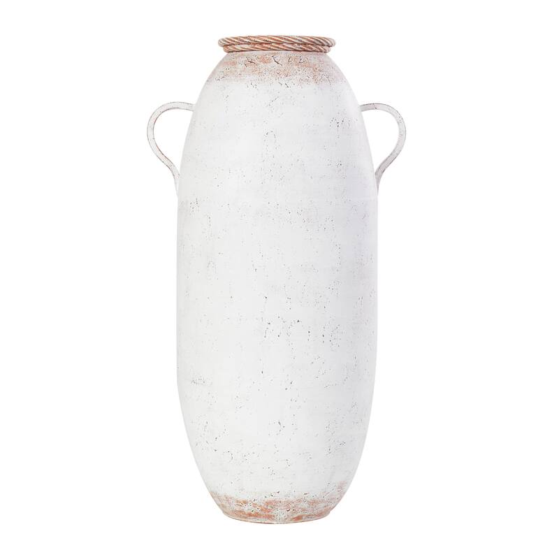 White Metal Vase with Antique Distressing and Terracotta Accents