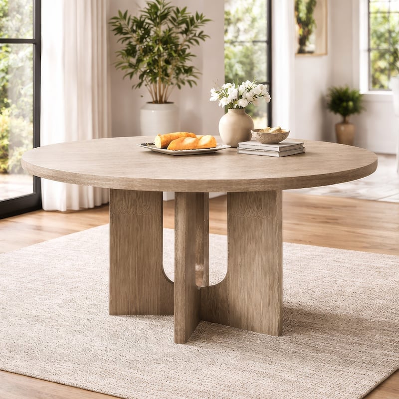 Zoko 54 Inch Round Dining Table, Pedestal Base, White Wash Solid Wood ...