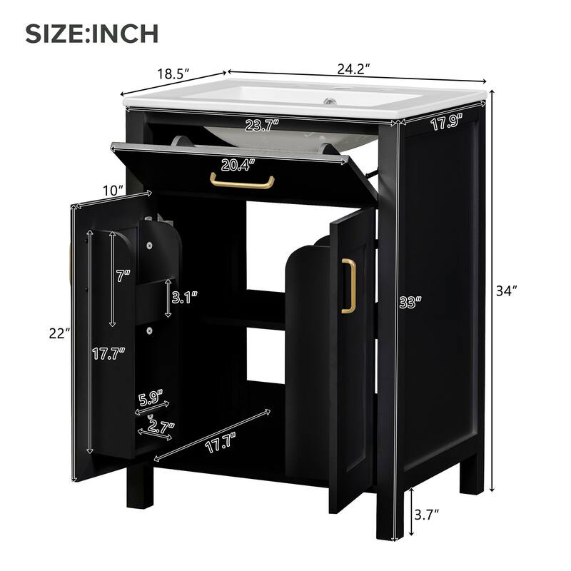 24-Inch Bathroom Vanity Combo with Ceramic Sink, Soft Close Doors & Storage Shelves - Compact Luxury for Small Bathrooms