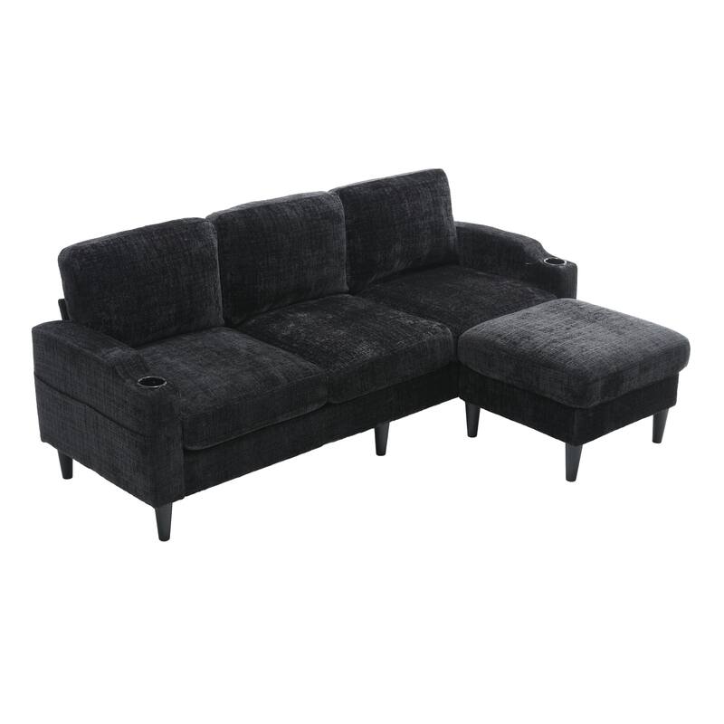 Modular Sectional Sofa with Storage Ottoman, Comfy Chenille Fabric Sofa, 3-Seater Sofa with Side Pockets & 2 Cup Holders