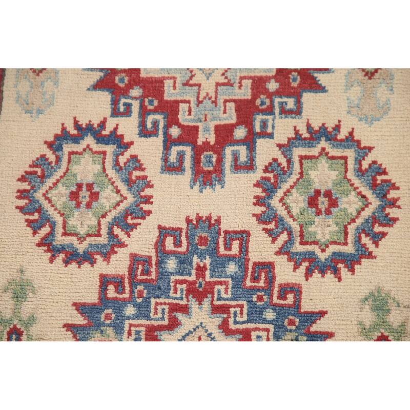 Hand Knotted Oriental 100% Wool Carpet Traditional Geometric Beige & Ivories Kazak Runner Rug - 8' 5'' X 2' 9''