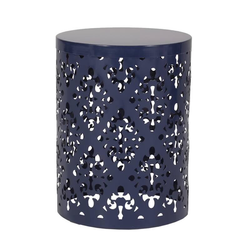 Kemo Outdoor End Table Set of 2, Round Top, Cutout Design, Navy Blue