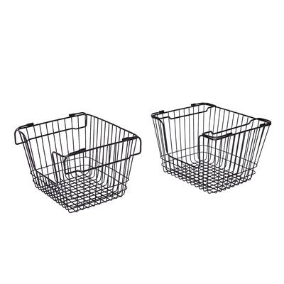 Set Of Two Large Wire Stacking Baskets with Fold Down Ear Handles - Black