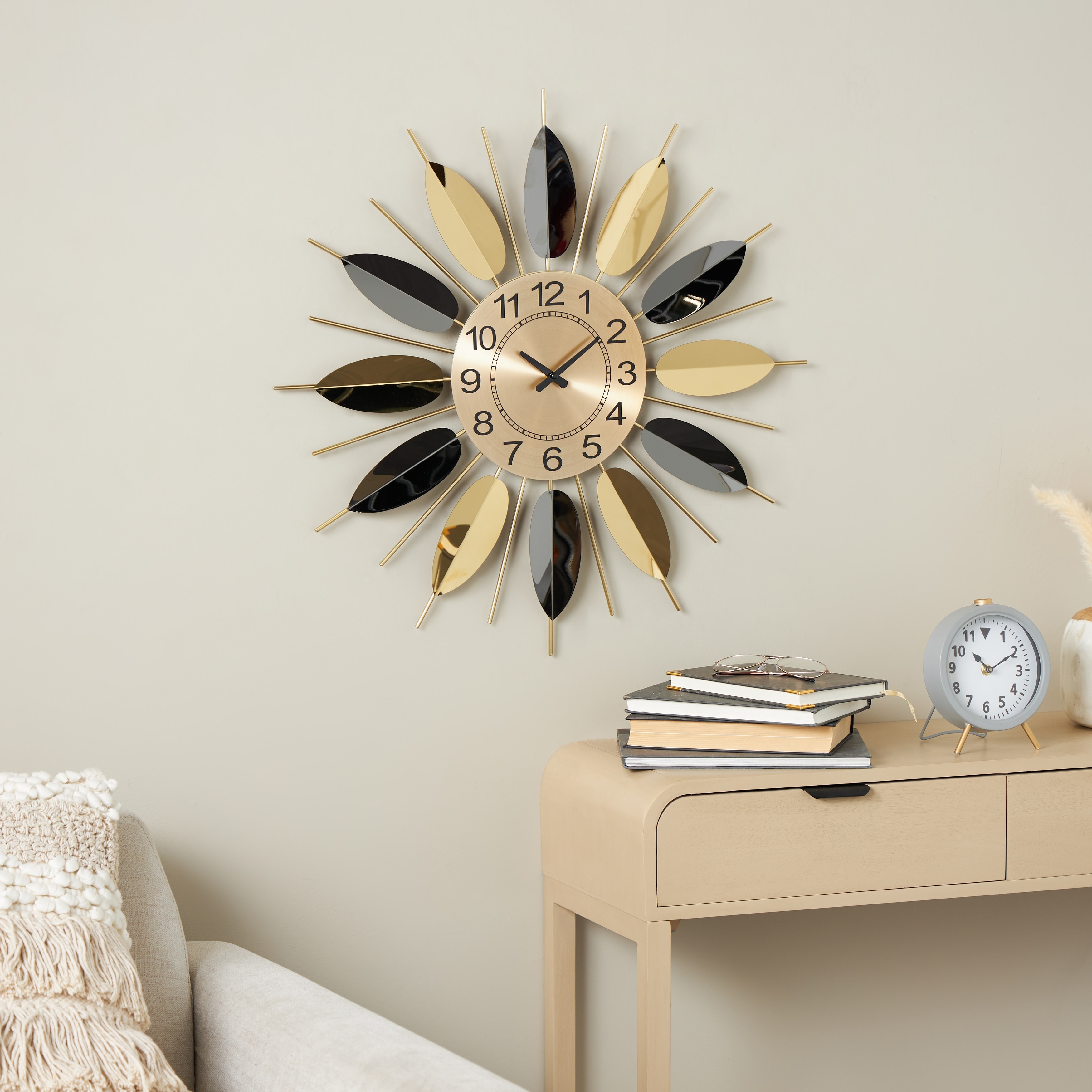 Gold Stainless Steel Metal Radial Leaf Decorative Wall Clock with Black Accents