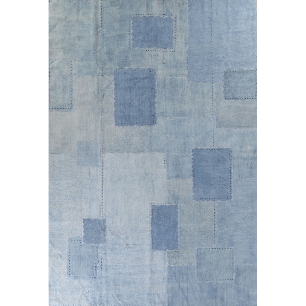 Blue Geometric Kilim Turkish Area Rug Hand-Woven Silk Carpet - 9'10"x 12'11"