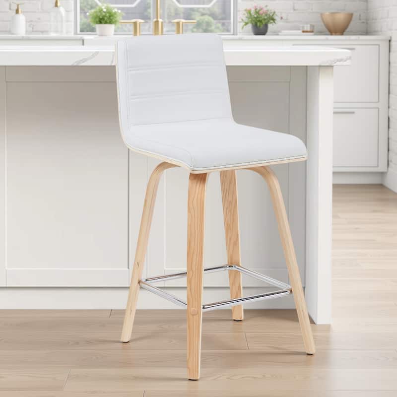 Skara Mid-Century Swivel Counter Stool, Upholstered Counter Height Chair with Bentwood Legs - White & Oak