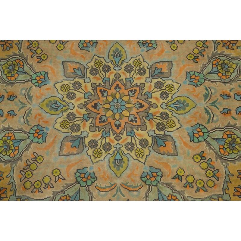 Hand Knotted Oriental 100% Wool Carpet Traditional Floral Yellow & Gold Tabriz Area Rug - 11' 0'' X 7' 11''