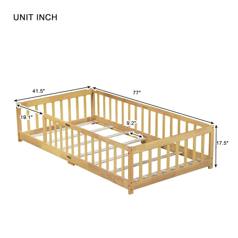 Twin Size Floor Bed with Fence without Door, Rubber Wood Floor Bed with Safety Guardrails