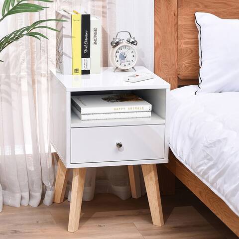 Side Table with Drawers and Open Shelves, Solid Wood Nightstand