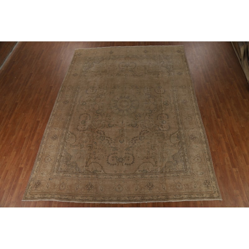 Tabriz Persian Vintage Rug Hand-Knotted Bedroom Beige Wool Carpet - 9'11" x 13'1"