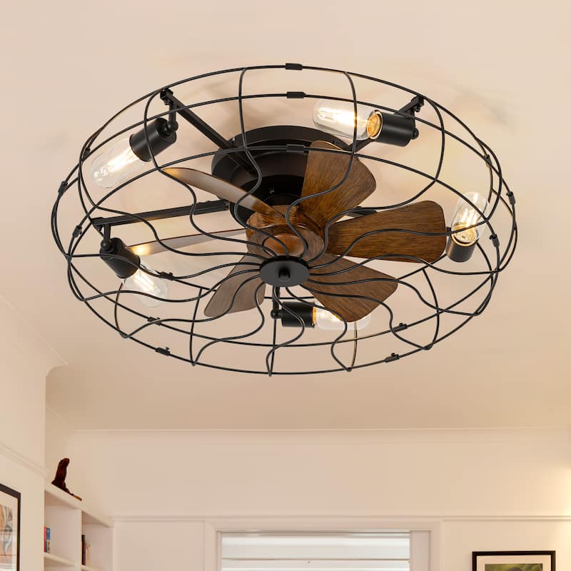 19"/23.6" Farmhouse Industrial Enclosed Caged Ceiling Fan with Light & Remote