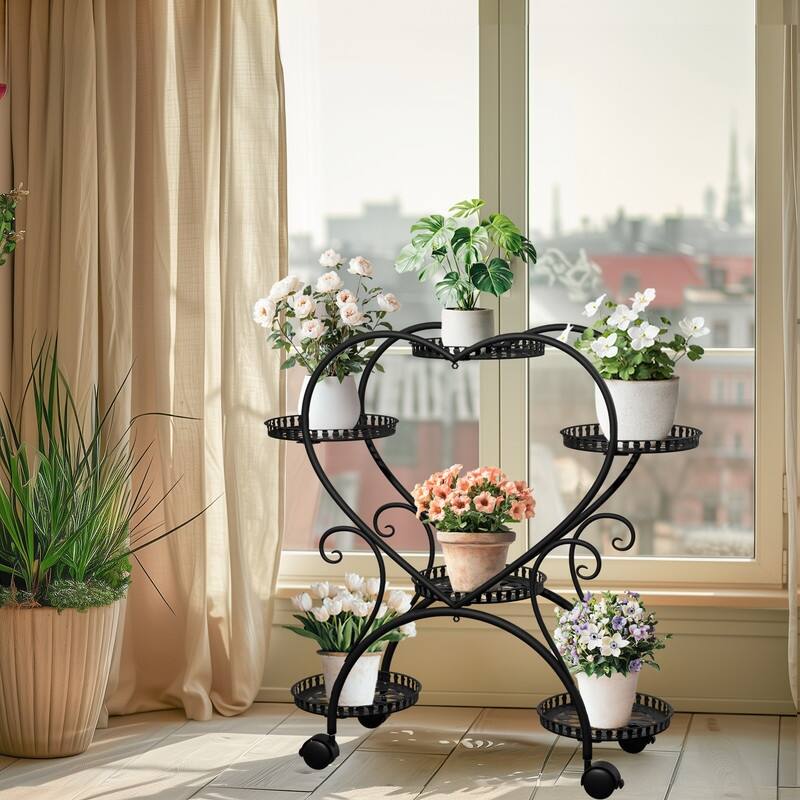 6 Potted Heart Shape Metal Plant Stand Rolling Flower Pot Organizer Display Rack