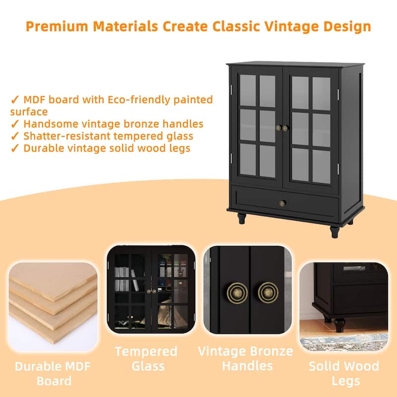 Accent Cabinet with Glass Doors and Drawers, Wooden Buffet and Sideboard Cupboard with Storage