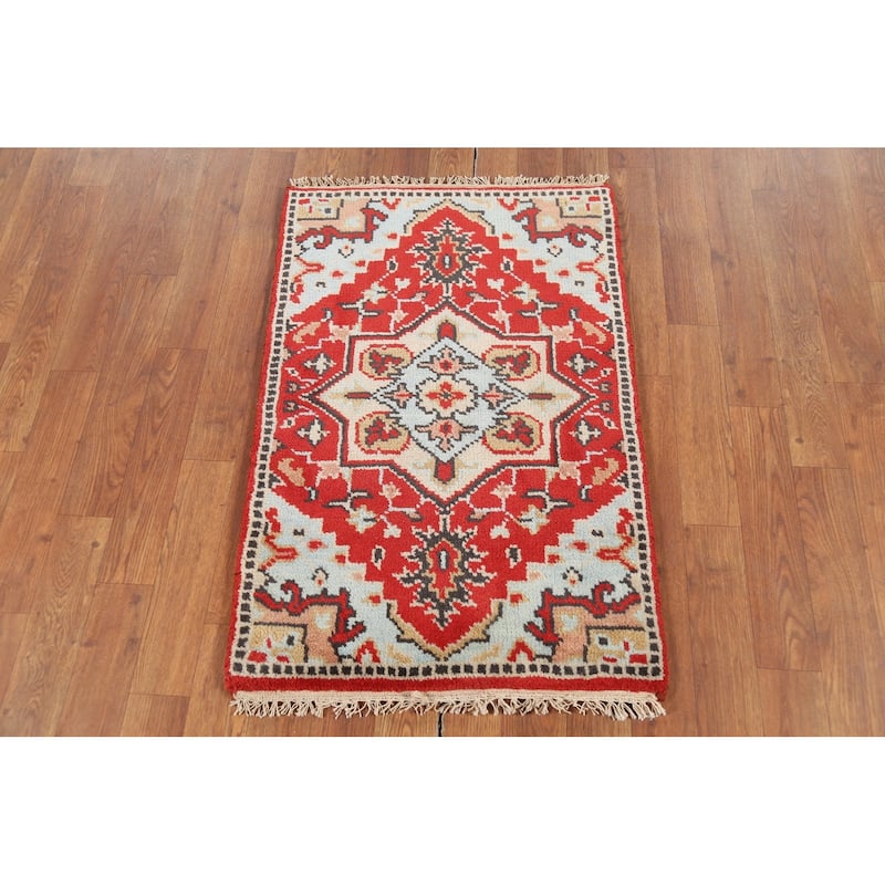 Geometric Red Kazak Indian Accent Rug Hand-Knotted Wool Carpet - 2'0"x 3'0"