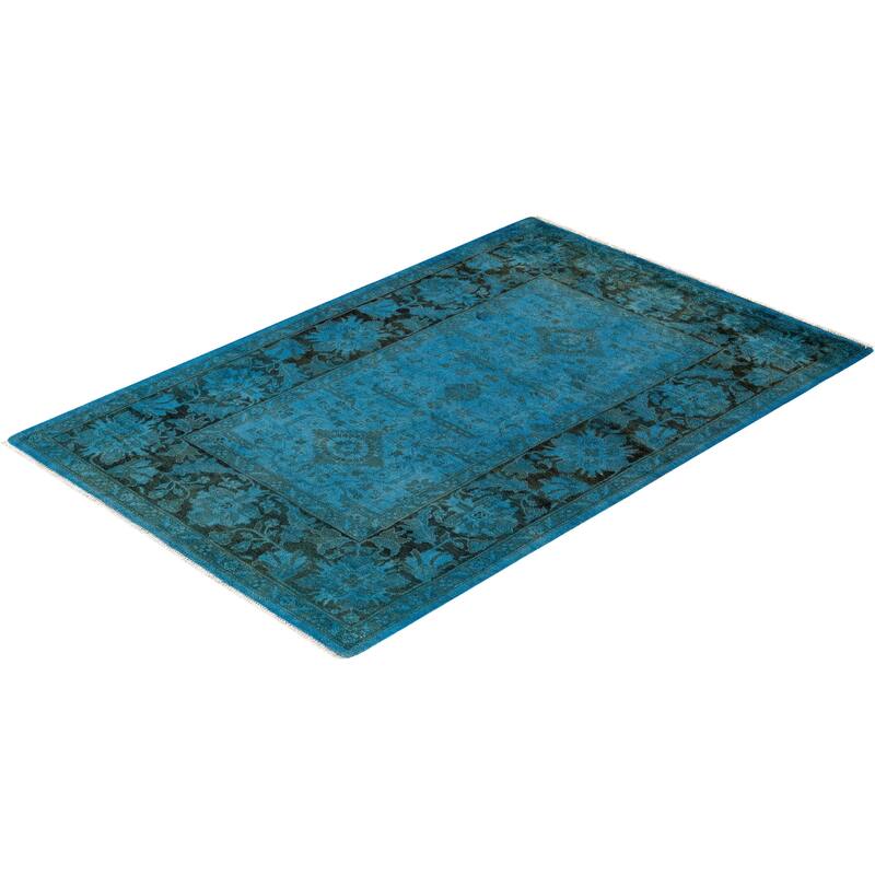 Overton Hand Knotted Wool Vintage Inspired Modern Contemporary Overdyed Blue Area Rug - 4' 1" x 6' 3"