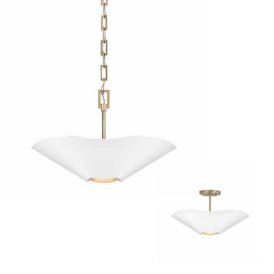 4-Light Modern Botanical Dual Mount Pendant in Matte White with Painted Matte Brass Interior and Square Designer Chain