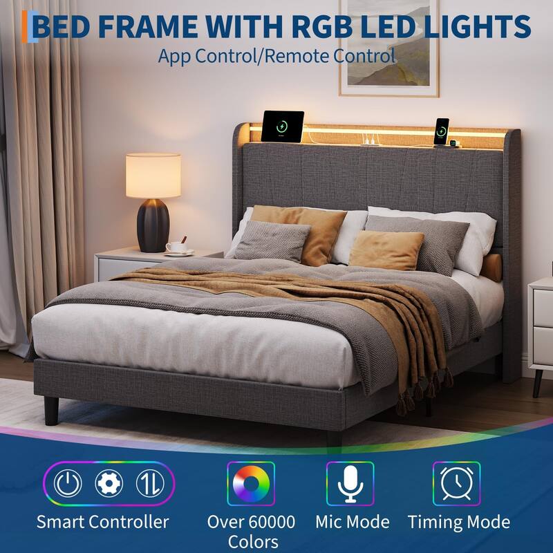 Twin Size Bed Frame with Charging Station and LED Lights, Modern Platform Bed with Slats
