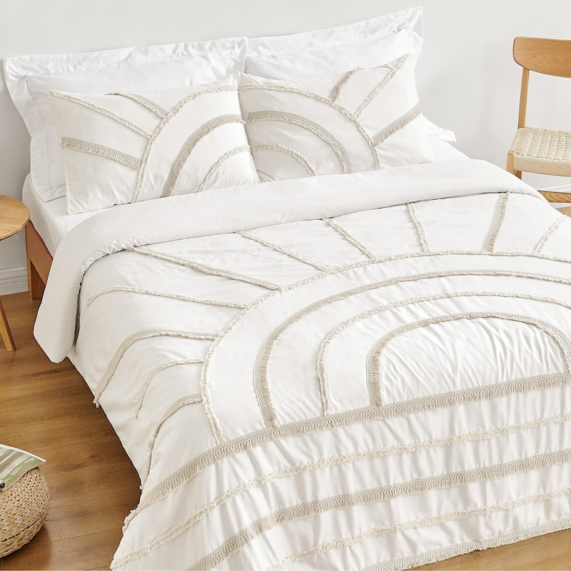 Sweet Jojo Designs Ivory Boho Chic Sun Boy Girl Unisex Queen Duvet Cover Bedding Set Cotton Bohemian Farmhouse Shabby Fringe
