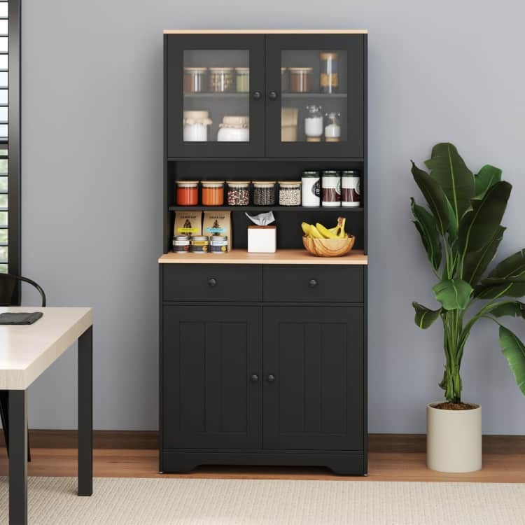 Pantry Cabinet with Glass Doors Adjustable Shelves and 2 Drawers for Kitchen Storage - 31.5" x 16.5" x 67"