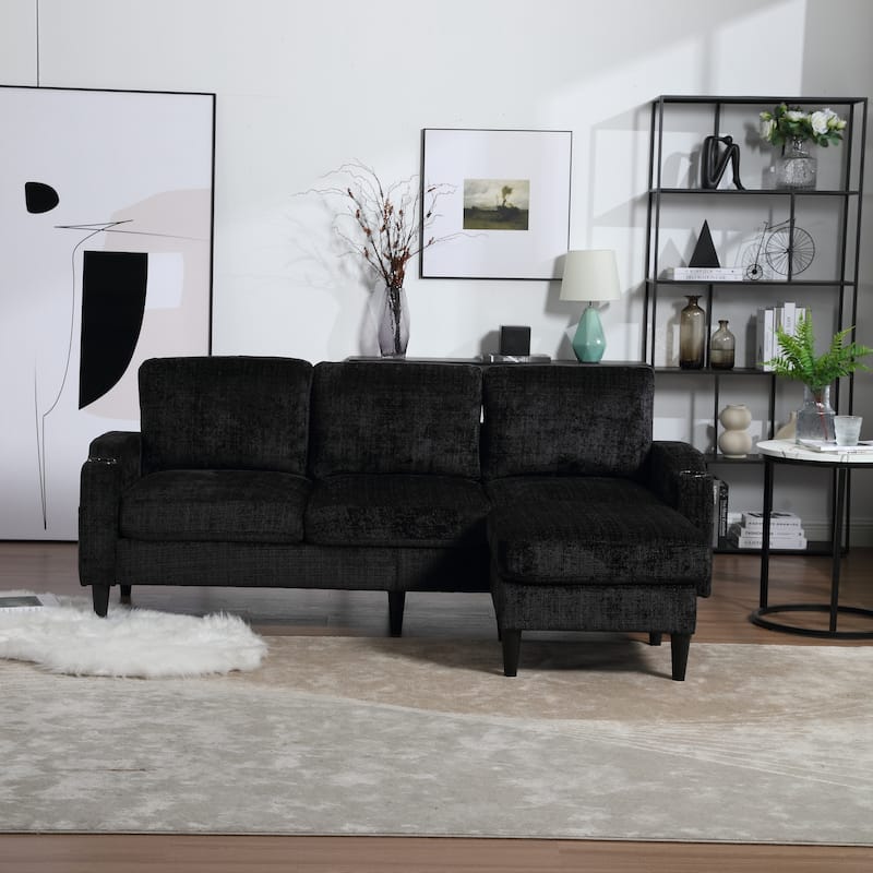 Modular Sectional Sofa with Storage Ottoman, Comfy Chenille Fabric Sofa, 3-Seater Sofa with Side Pockets & 2 Cup Holders