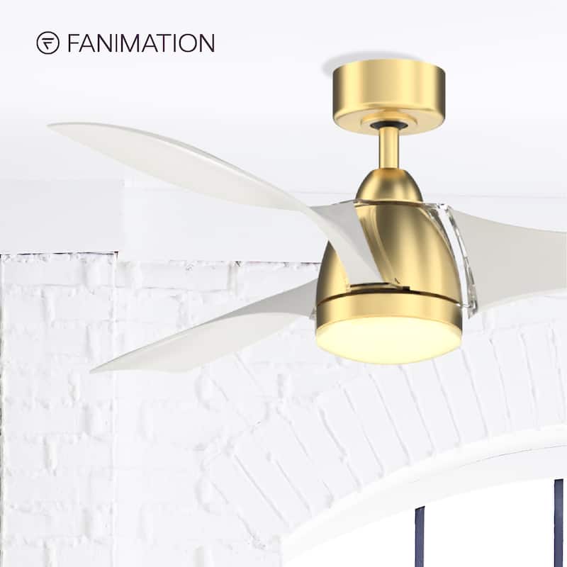Fanimation Klear 56 inch Indoor/Outdoor Smart Ceiling Fan with LED CCT Select Light Kit and Remote - Brushed Satin Brass & White