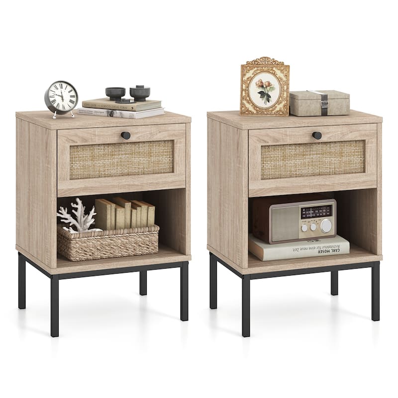 Set of 2 Rattan Nightstand End Table with Rattan Drawer and Open Shelf