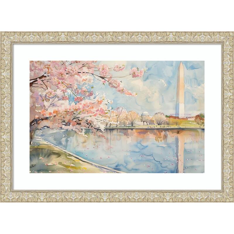 Cherry Blossoms Cityscape by Tradelink inhouse artist Wood Framed Wall Art Print - Lila Silver