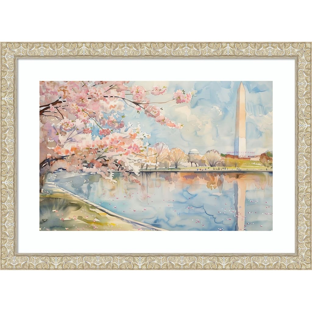 Cherry Blossoms Cityscape by Tradelink inhouse artist Wood Framed Wall Art Print - Lila Silver