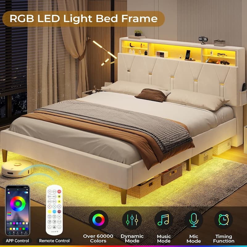 Bed Frame Storage Headboard RGB LED Lights Upholstered Platform