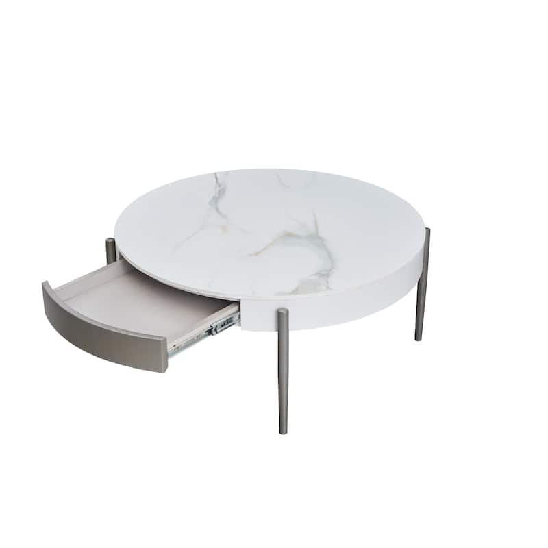 31.49" Ceramic Tile Round Coffee Table with Sintered Stone Top, Storage Drawers