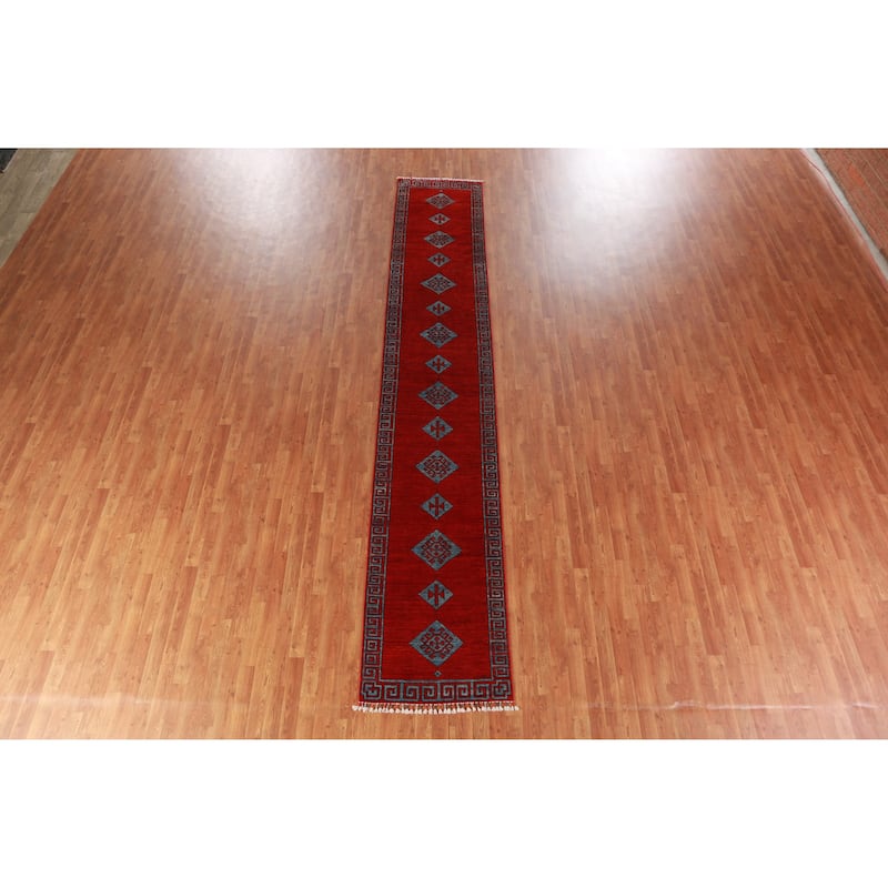 Hand Knotted Oriental 100% Wool Carpet Traditional Geometric Red Kazak Runner Rug - 14' 10'' X 2' 7''