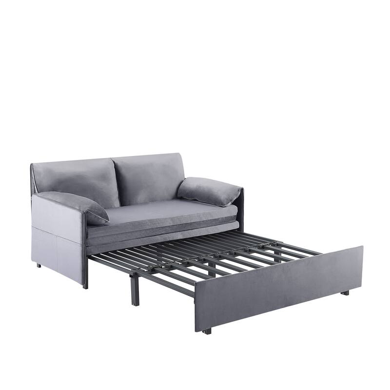 63 inch Grey Velvet Variable Sofa Bed with Double Armrest, Convertible to King Size Bed