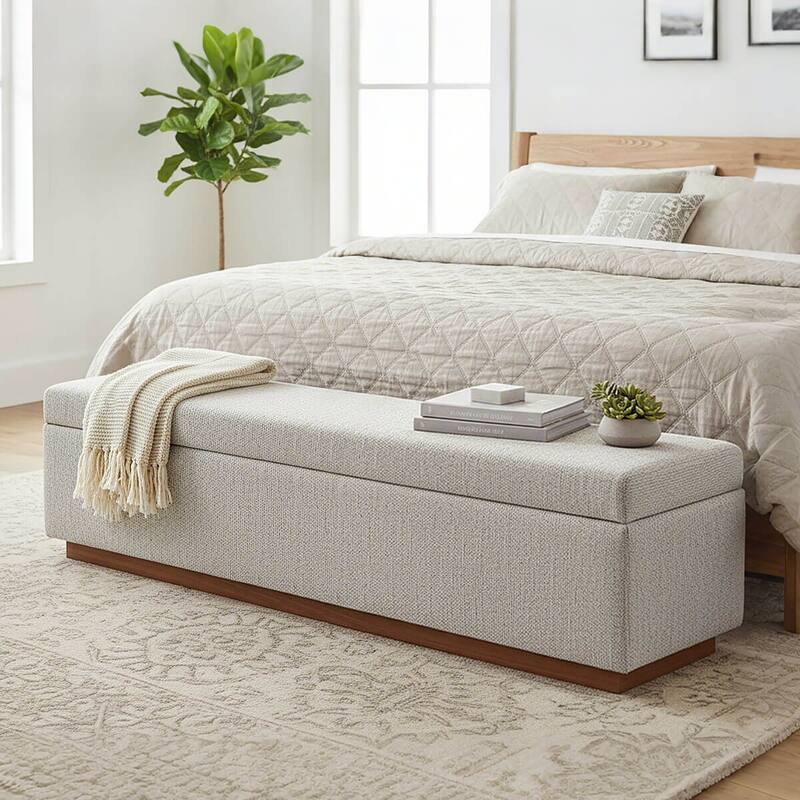Modern 60" Chenille Weave Upholstered Storage Bench - Beige