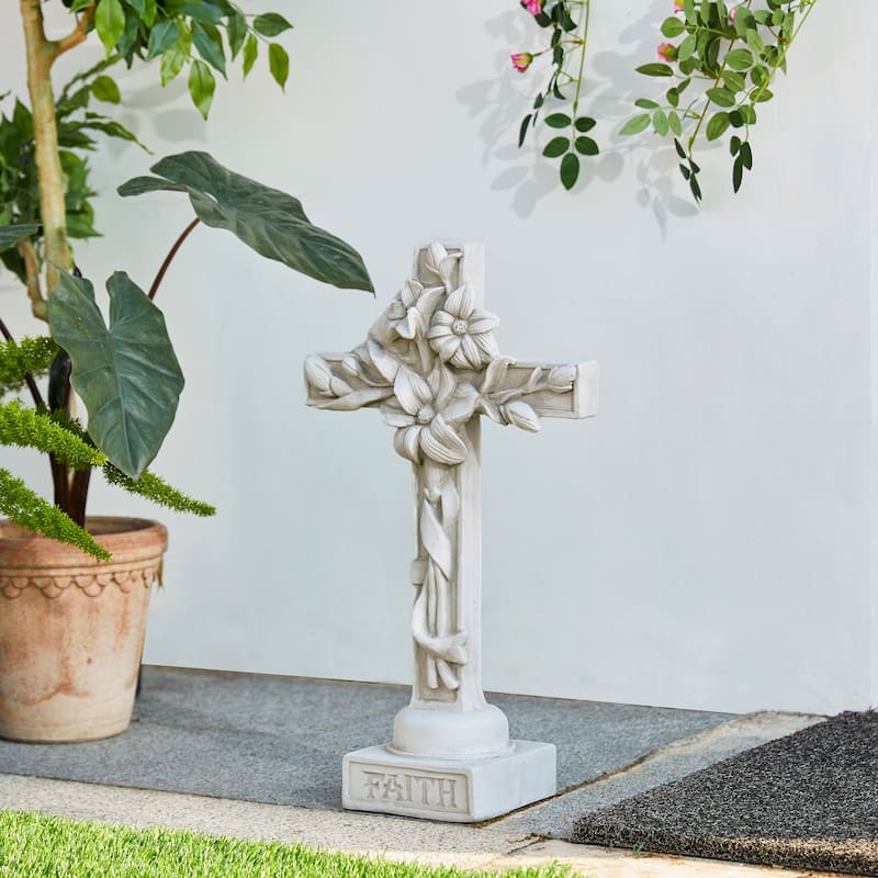 Glitzhome 21"H MGO Holy Christian Cross with Lily Garden Statue for Outdoor Indoor Christ Decor Sculpture