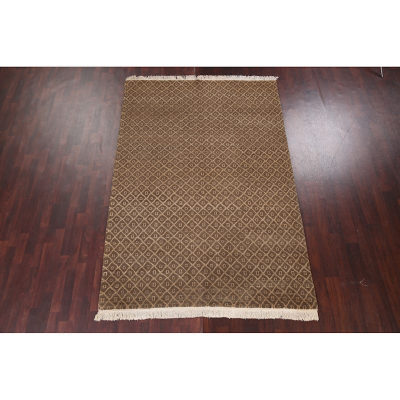 Vegetable Dye Trellis Nepalese Oriental Area Rug Handmade Wool Carpet - 6'1" x 9'0"