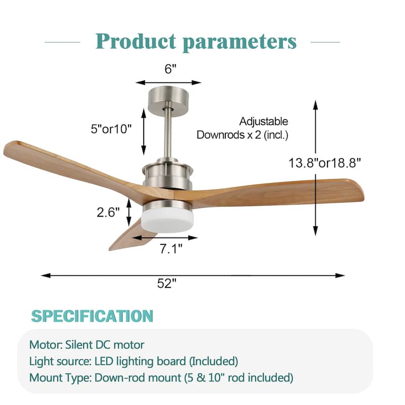 Oaks Aura Gamay 52 in. LED Indoor Solid Wood Reversible Scandi-Japanese Ceiling Fan With Latest DC Motor Technology